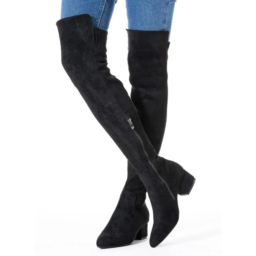 Women Black/2 Inch Heel Faux Suede Over The Knee Thigh High Low Block Heel Boot